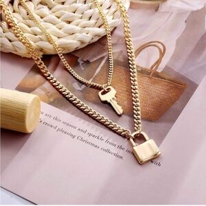 Gold 14k Gold Plated 2pc Lock & Key Chain Necklace Set